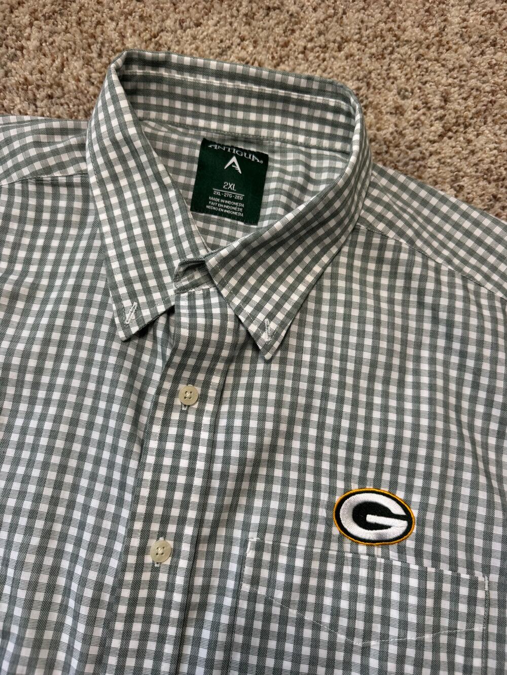 Antigua Green Bay Packers Shirt Mens 2XL green White Gingham Button Up NFL Team